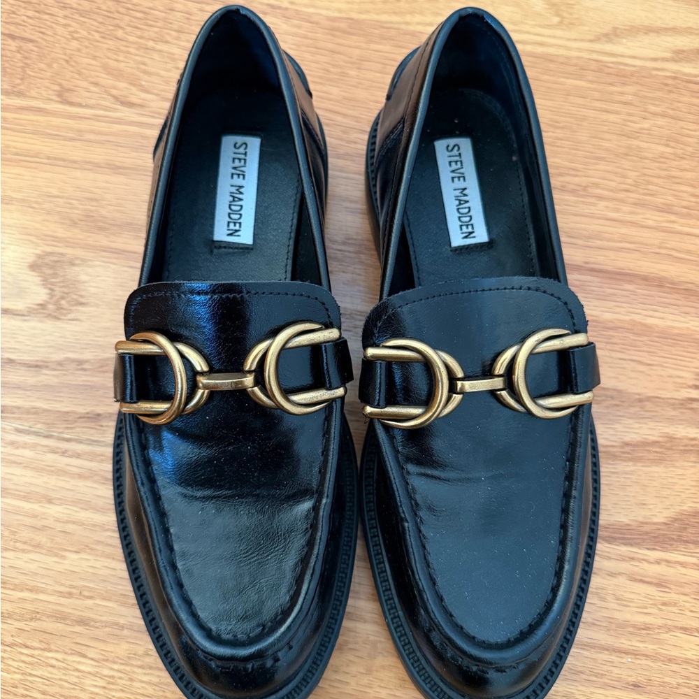 Steve Madden Sheyla Black Loafers with Gold Buckle